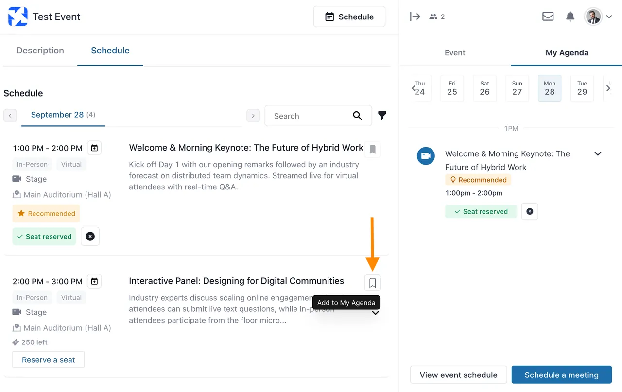 The Schedule tab listing sessions, with an arrow pointing to the Bookmark icon labelled Add to My Agenda, and the My Agenda tab open on the right