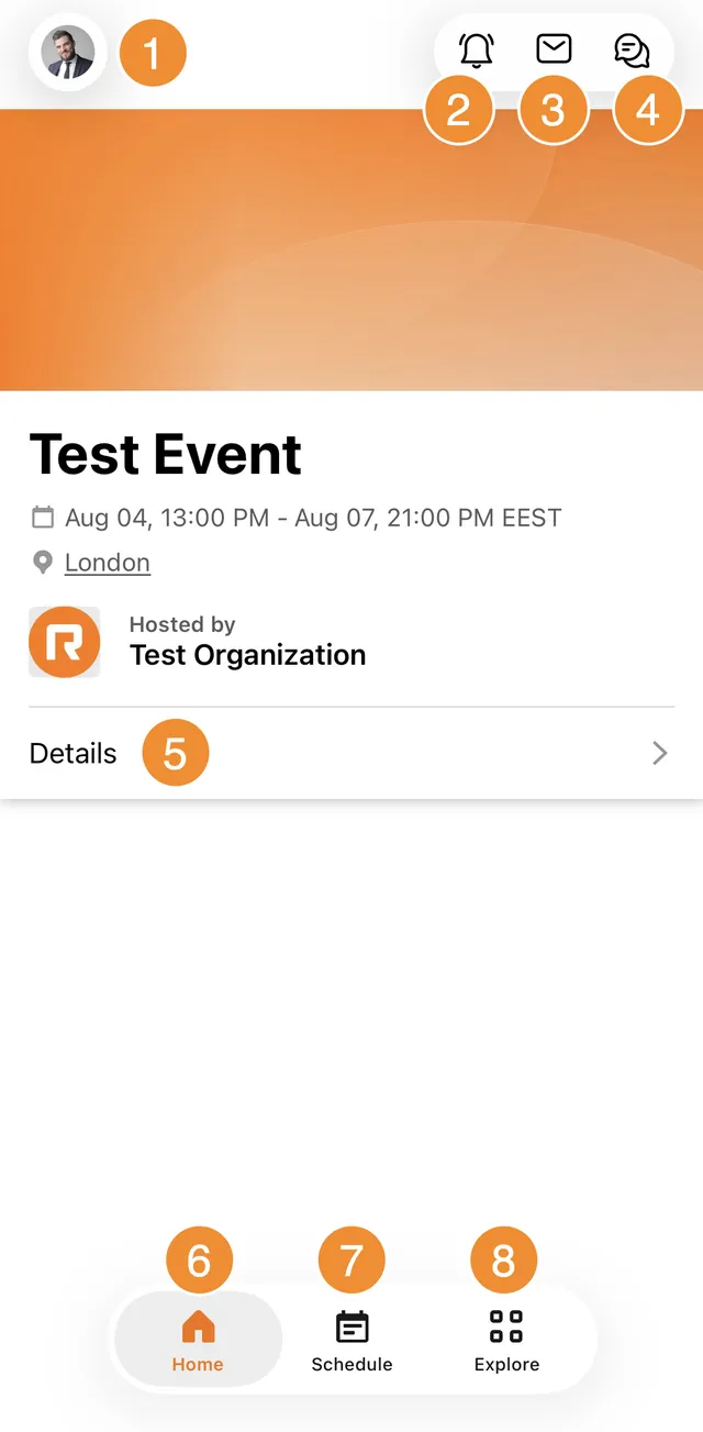 The app home screen for a test event, with Home, Schedule and Explore tabs along the bottom