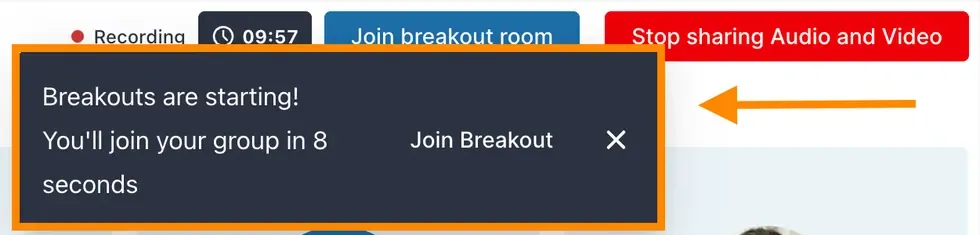 A notice that reads Breakouts are starting, You'll join your group in 8 seconds, with a Join Breakout button