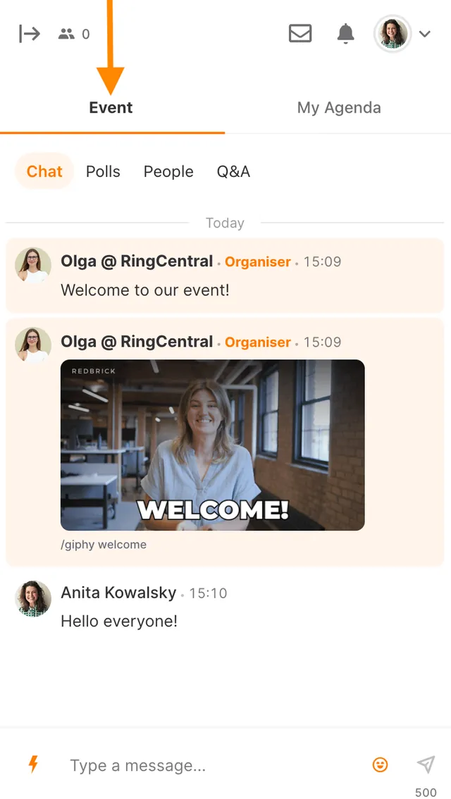 The panel on the right with the Event tab and Chat selected, showing welcome messages and a reply