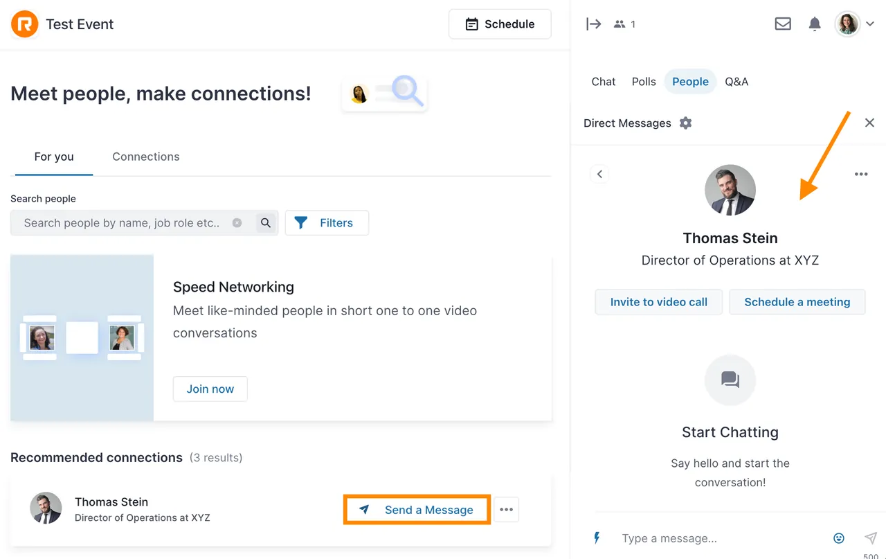The Networking area with the Send a Message button highlighted, and a message panel open on the right with Invite to video call and Schedule a meeting buttons