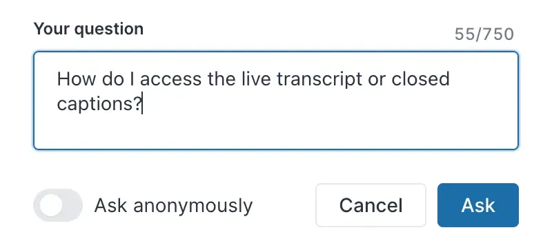 The Your question box with a question typed in, the Ask anonymously switch, and the Cancel and Ask buttons