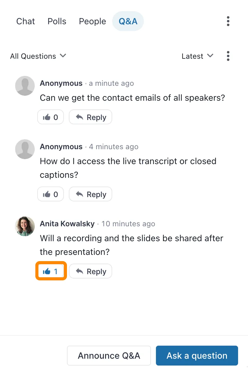A list of questions in the Q&A tab, with the Thumbs up count on one question highlighted